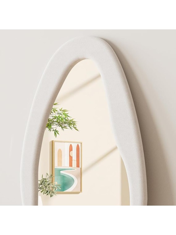 Full Length Mirror, 63" x 24"Irregular Mirror, Large Floor Length Mirrors Wall Mounted, Standing Mirrors with Flannel Wrapped Wooden Frame for Bedroom/Living Room, White