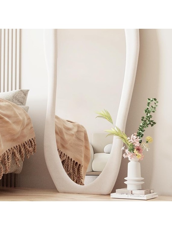 Full Length Mirror, 63" x 24"Irregular Mirror, Large Floor Length Mirrors Wall Mounted, Standing Mirrors with Flannel Wrapped Wooden Frame for Bedroom/Living Room, White