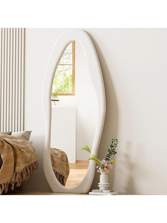 Full Length Mirror, 63" x 24"Irregular Mirror, Large Floor Length Mirrors Wall Mounted, Standing Mirrors with Flannel Wrapped Wooden Frame for Bedroom/Living Room, White