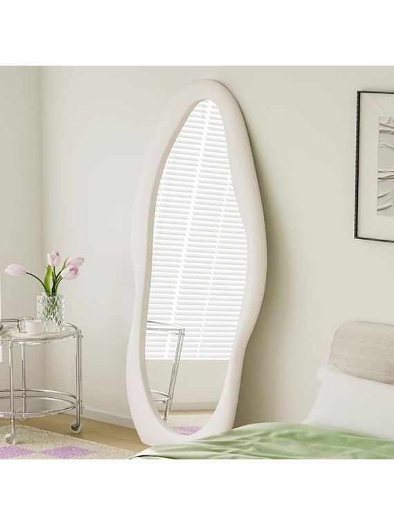 Full Length Mirror, 63" x 24"Irregular Mirror, Large Floor Length Mirrors Wall Mounted, Standing Mirrors with Flannel Wrapped Wooden Frame for Bedroom/Living Room, White