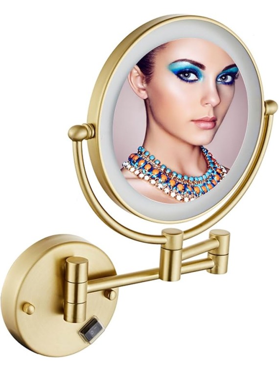 Makeup Mirror Wall Mounted, LED Lighted Cosmetic Mirror with Magnification, 360° Swivel Vanity Mirror, Double Sided Bathroom Mirror, for Make up, Shave Wait (Brushed Gold Charge 10X)