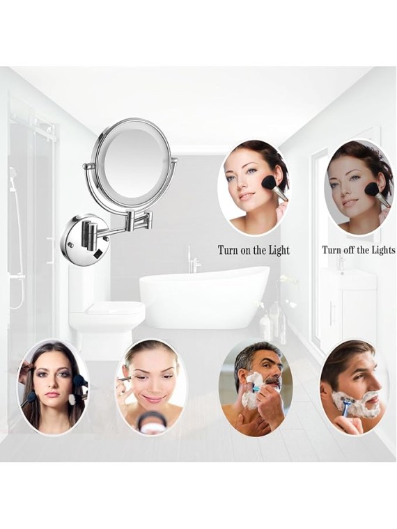 Makeup Mirror Wall Mounted, LED Lighted Cosmetic Mirror with Magnification, 360° Swivel Vanity Mirror, Double Sided Bathroom Mirror, for Make up, Shave Wait (Brushed Gold Charge 10X)