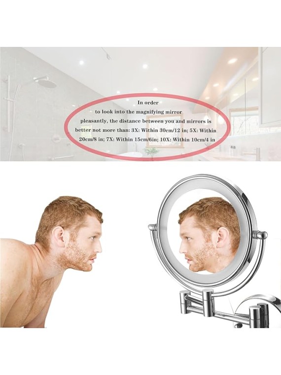 Makeup Mirror Wall Mounted, LED Lighted Cosmetic Mirror with Magnification, 360° Swivel Vanity Mirror, Double Sided Bathroom Mirror, for Make up, Shave Wait (Brushed Gold Charge 10X)