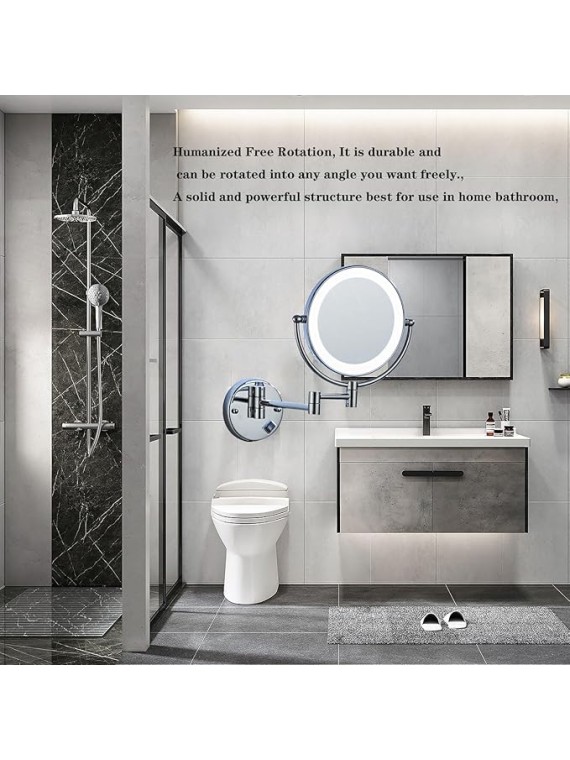 Makeup Mirror Wall Mounted, LED Lighted Cosmetic Mirror with Magnification, 360° Swivel Vanity Mirror, Double Sided Bathroom Mirror, for Make up, Shave Wait (Brushed Gold Charge 10X)