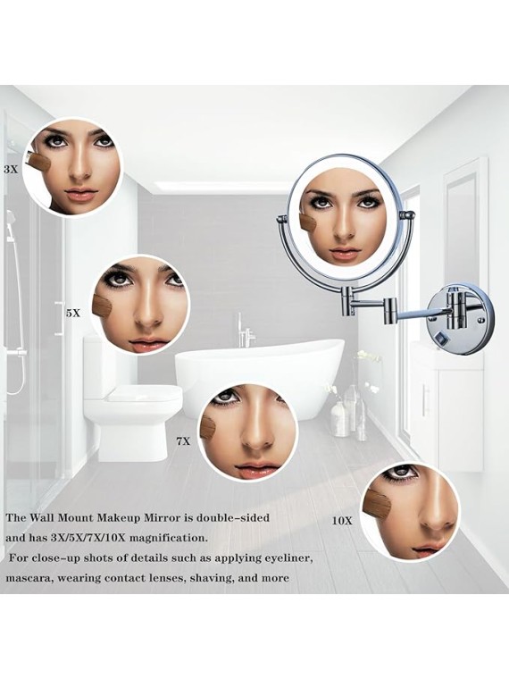 Makeup Mirror Wall Mounted, LED Lighted Cosmetic Mirror with Magnification, 360° Swivel Vanity Mirror, Double Sided Bathroom Mirror, for Make up, Shave Wait (Brushed Gold Charge 10X)