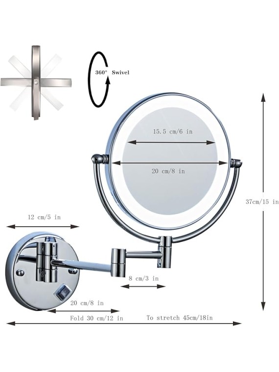 Makeup Mirror Wall Mounted, LED Lighted Cosmetic Mirror with Magnification, 360° Swivel Vanity Mirror, Double Sided Bathroom Mirror, for Make up, Shave Wait (Brushed Gold Charge 10X)