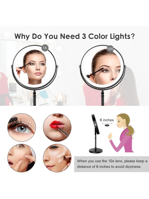 Lighted Makeup Mirror, 8" Rechargeable Double Sided Magnifying Mirror with 3 Colors, 1x/10x 360° Rotation Touch Screen Vanity Mirror with Lights, Brightness Adjustable Magnification Light up Mirror