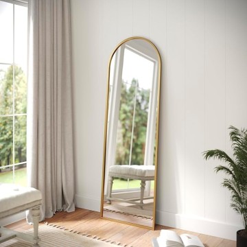 Mila Full Length Floor Mirror, Wall Mounted or Wall Leaning, Slim Arched Metal Frame, 22x65, Gold