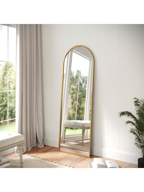 Mila Full Length Floor Mirror, Wall Mounted or Wall Leaning, Slim Arched Metal Frame, 22x65, Gold