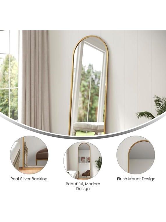 Mila Full Length Floor Mirror, Wall Mounted or Wall Leaning, Slim Arched Metal Frame, 22x65, Gold