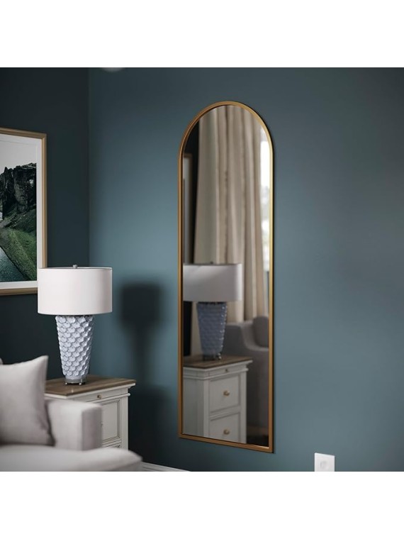 Mila Full Length Floor Mirror, Wall Mounted or Wall Leaning, Slim Arched Metal Frame, 22x65, Gold