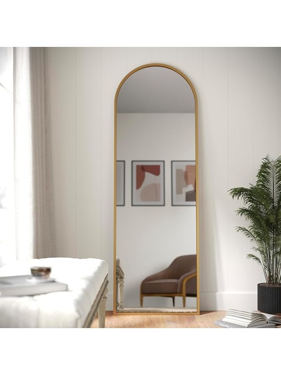 Mila Full Length Floor Mirror, Wall Mounted or Wall Leaning, Slim Arched Metal Frame, 22x65, Gold