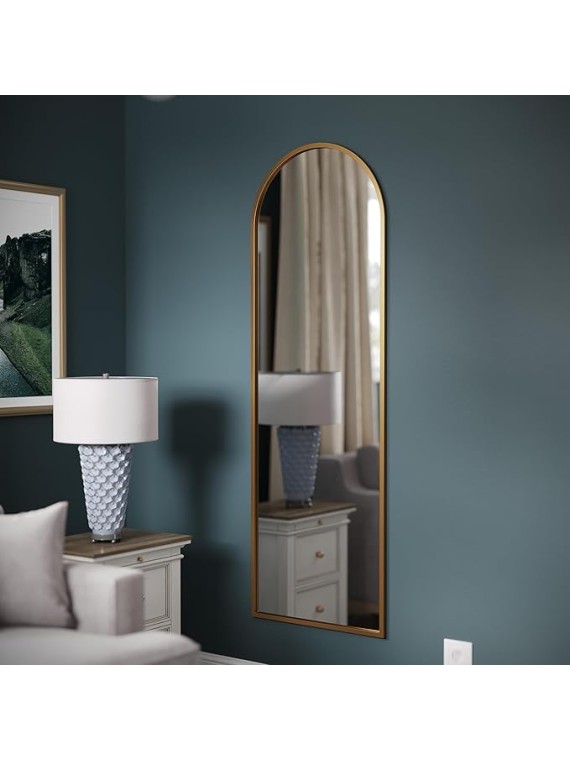 Mila Full Length Floor Mirror, Wall Mounted or Wall Leaning, Slim Arched Metal Frame, 22x65, Gold