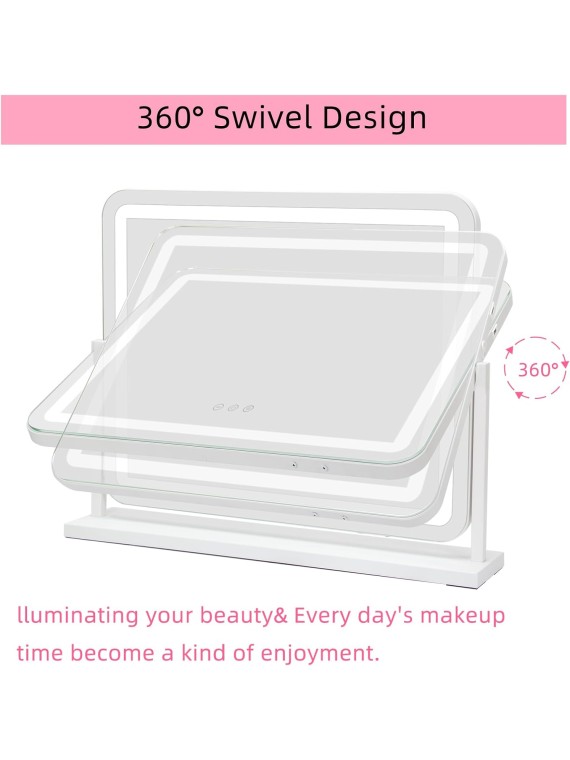 Vanity Mirror with Lights, 22" x 18" Small Lighted Vanity Mirror with Smart Touch 3 Colors Dimmable and 10X Magnification, Metal Frame, 360° Rotation, Phone Holder, USB Charging Port, White