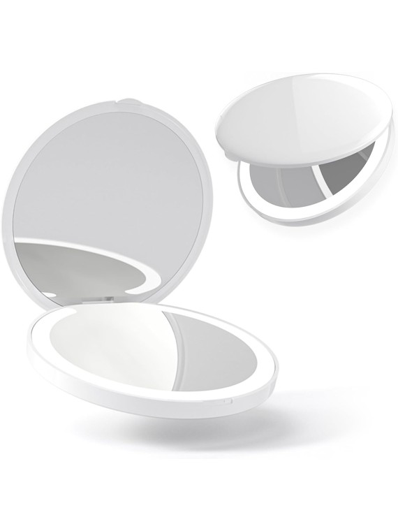 Makeup Mirror with 3 Colors Led Lighted, Compact Mirror with Touch Dimming, 1X/3X Magnifying Mirror, USB Rechargeable, Portable for Pocket, Folding, Travel, Handheld, Gift (White)
