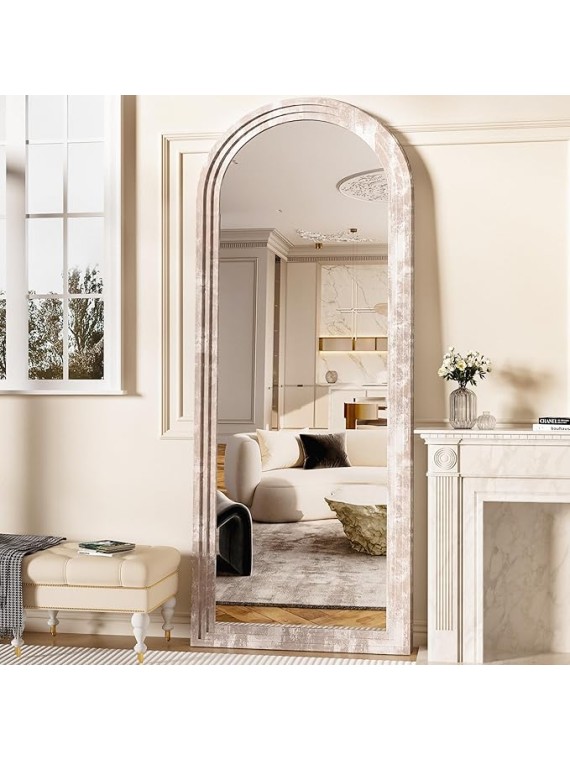 Floor Mirror, 66"×24" Wood Arched Full Length Mirror Wooden Arched Mirror with Stand, Large Arched Wall Mirror, Oversized Arched Mirror Full Length, Wall Mounted Mirror Full Length, White