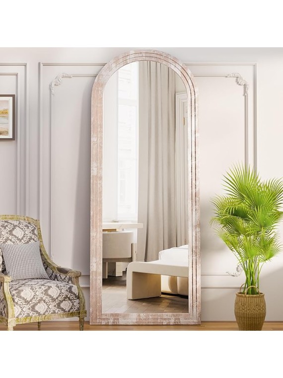 Floor Mirror, 66"×24" Wood Arched Full Length Mirror Wooden Arched Mirror with Stand, Large Arched Wall Mirror, Oversized Arched Mirror Full Length, Wall Mounted Mirror Full Length, White