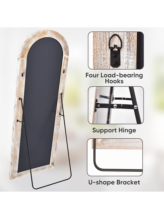 Floor Mirror, 66"×24" Wood Arched Full Length Mirror Wooden Arched Mirror with Stand, Large Arched Wall Mirror, Oversized Arched Mirror Full Length, Wall Mounted Mirror Full Length, White