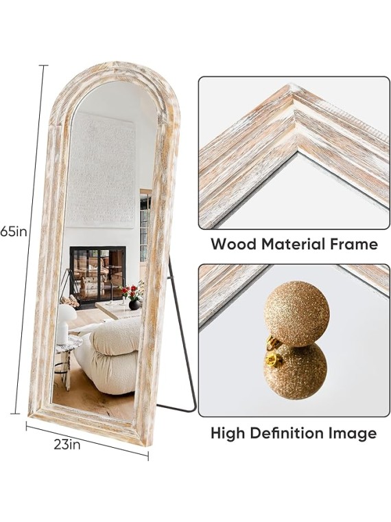 Floor Mirror, 66"×24" Wood Arched Full Length Mirror Wooden Arched Mirror with Stand, Large Arched Wall Mirror, Oversized Arched Mirror Full Length, Wall Mounted Mirror Full Length, White
