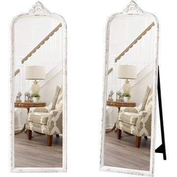 Vintage Large Arched Standing Mirror Full Length 60 Inch, Distressed White Rustic Floor Mirror, Wood Frame Arendahl Dressing Mirror for Living Room Bedroom