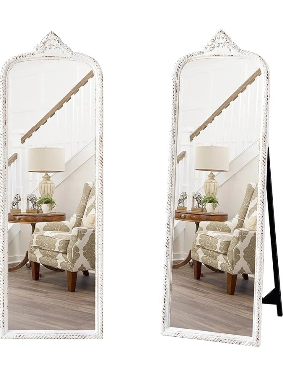 Vintage Large Arched Standing Mirror Full Length 60 Inch, Distressed White Rustic Floor Mirror, Wood Frame Arendahl Dressing Mirror for Living Room Bedroom