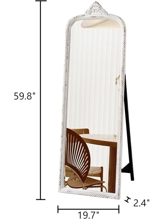 Vintage Large Arched Standing Mirror Full Length 60 Inch, Distressed White Rustic Floor Mirror, Wood Frame Arendahl Dressing Mirror for Living Room Bedroom