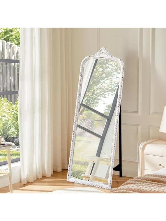 Vintage Large Arched Standing Mirror Full Length 60 Inch, Distressed White Rustic Floor Mirror, Wood Frame Arendahl Dressing Mirror for Living Room Bedroom