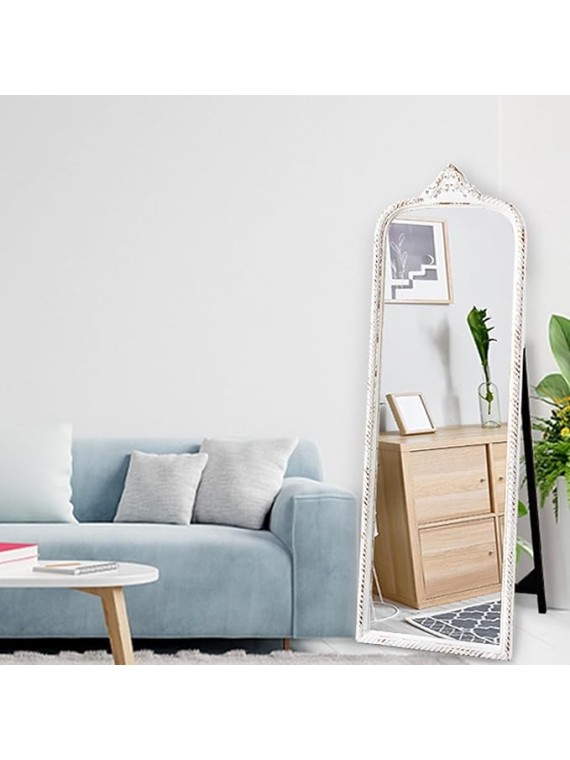 Vintage Large Arched Standing Mirror Full Length 60 Inch, Distressed White Rustic Floor Mirror, Wood Frame Arendahl Dressing Mirror for Living Room Bedroom