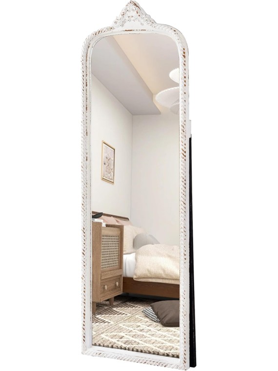Vintage Large Arched Standing Mirror Full Length 60 Inch, Distressed White Rustic Floor Mirror, Wood Frame Arendahl Dressing Mirror for Living Room Bedroom