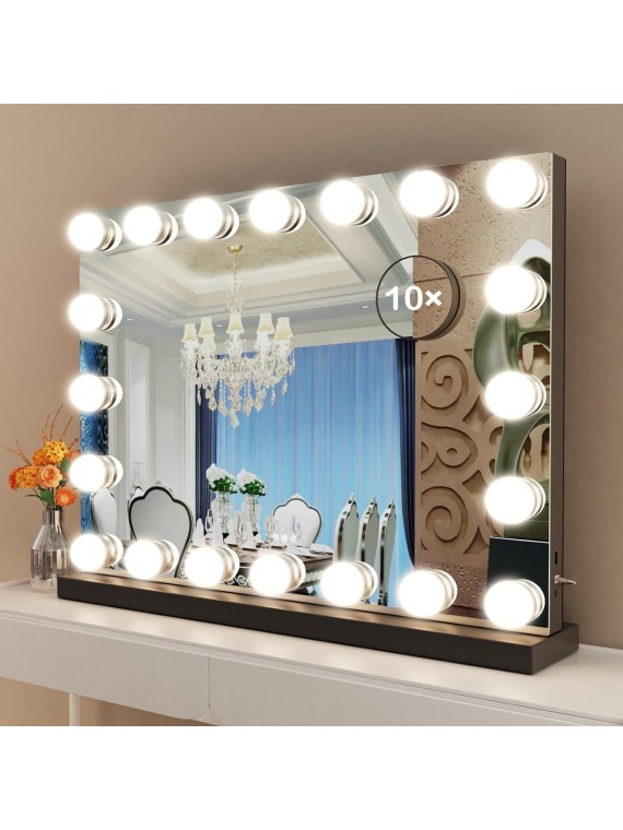 Vanity Mirror with Lights, 22.8WX18.2L Tabletop Hollyhood Makeup Mirror with USB & Type-C Charing, Hollywood Lighted Mirror with 20 Dimmable LED Bulbs,Touch Control,Metal Frame,Black