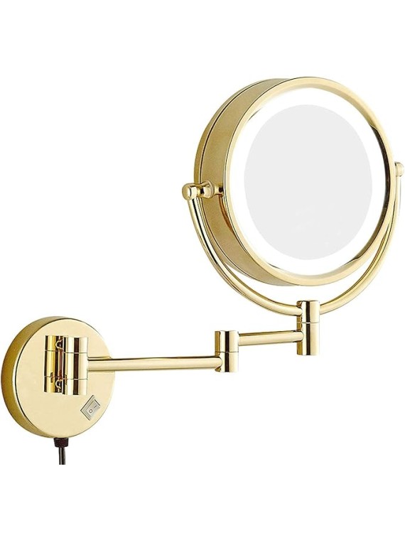 Wall Mirror, Wall Mounted Makeup Mirror 8.5 Inches LED with 10X Magnification, Double Sided 360° Swivel Vanity Mirror Lighted Bathroom Cosmetic Mirror Extension, Plug Powered Gold Finish