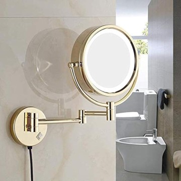Wall Mirror, Wall Mounted Makeup Mirror 8.5 Inches LED with 10X Magnification, Double Sided 360° Swivel Vanity Mirror Lighted Bathroom Cosmetic Mirror Extension, Plug Powered Gold Finish