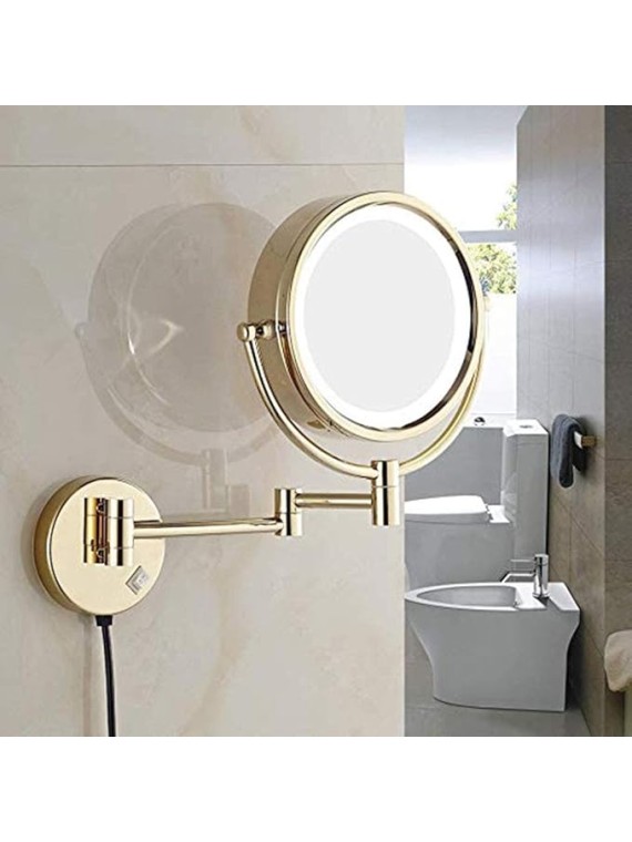 Wall Mirror, Wall Mounted Makeup Mirror 8.5 Inches LED with 10X Magnification, Double Sided 360° Swivel Vanity Mirror Lighted Bathroom Cosmetic Mirror Extension, Plug Powered Gold Finish