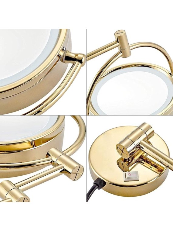 Wall Mirror, Wall Mounted Makeup Mirror 8.5 Inches LED with 10X Magnification, Double Sided 360° Swivel Vanity Mirror Lighted Bathroom Cosmetic Mirror Extension, Plug Powered Gold Finish