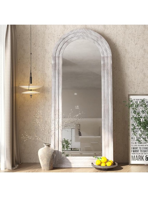 Arched Full Length Mirror with Solid Wood Frame, 65x22 Farmhouse Wall Mirror Full Length with Stand, Vertical Hanging, Leaning Standing for Bedroom, Living Room, Rustic White
