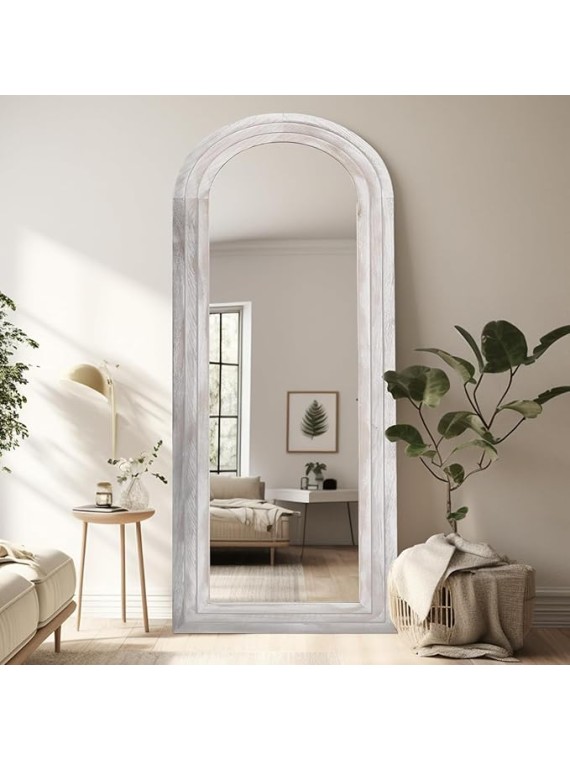 Arched Full Length Mirror with Solid Wood Frame, 65x22 Farmhouse Wall Mirror Full Length with Stand, Vertical Hanging, Leaning Standing for Bedroom, Living Room, Rustic White