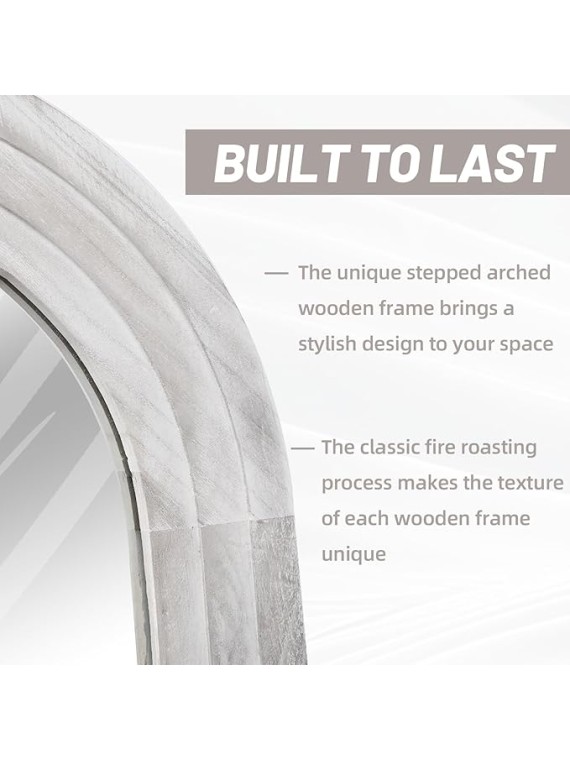 Arched Full Length Mirror with Solid Wood Frame, 65x22 Farmhouse Wall Mirror Full Length with Stand, Vertical Hanging, Leaning Standing for Bedroom, Living Room, Rustic White