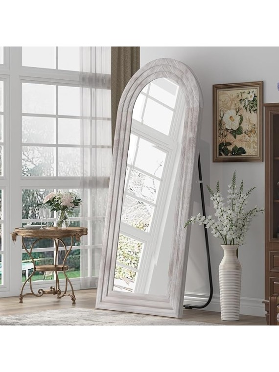 Arched Full Length Mirror with Solid Wood Frame, 65x22 Farmhouse Wall Mirror Full Length with Stand, Vertical Hanging, Leaning Standing for Bedroom, Living Room, Rustic White
