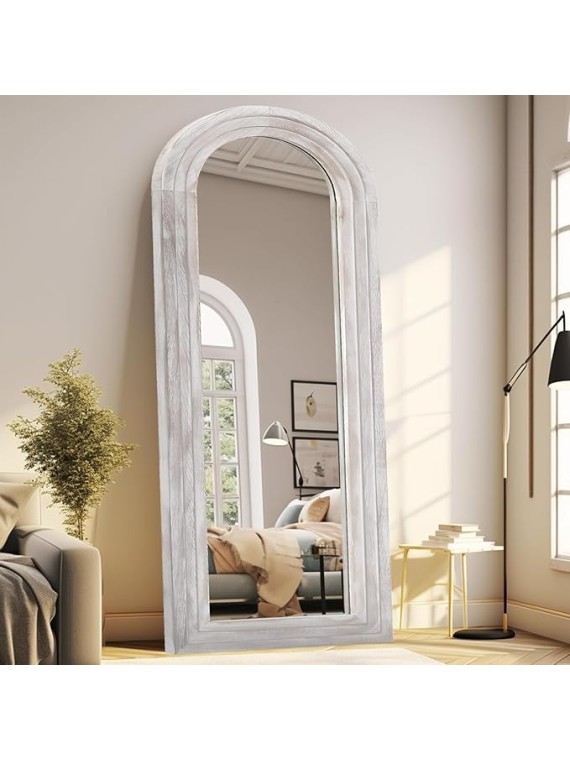 Arched Full Length Mirror with Solid Wood Frame, 65x22 Farmhouse Wall Mirror Full Length with Stand, Vertical Hanging, Leaning Standing for Bedroom, Living Room, Rustic White