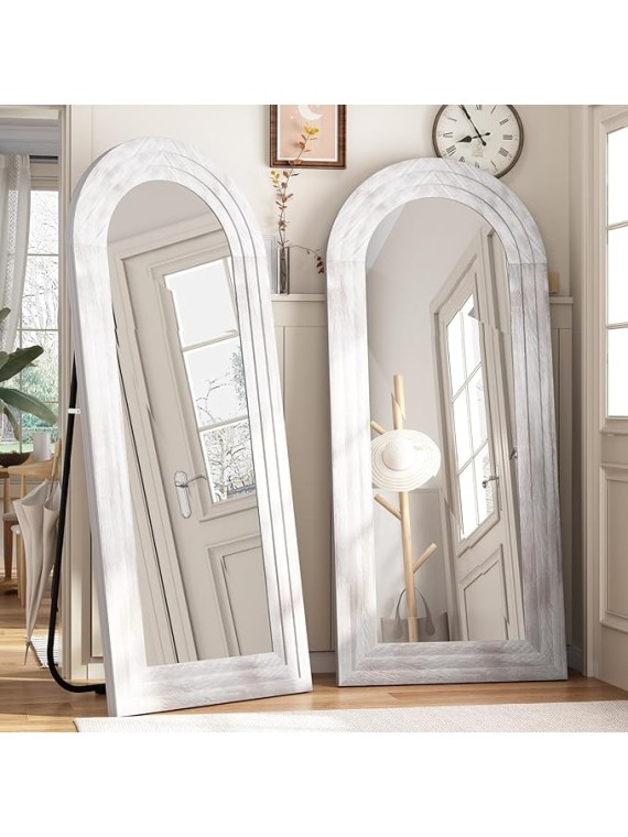 Arched Full Length Mirror with Solid Wood Frame, 65x22 Farmhouse Wall Mirror Full Length with Stand, Vertical Hanging, Leaning Standing for Bedroom, Living Room, Rustic White