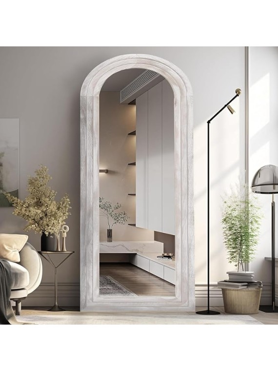 Arched Full Length Mirror with Solid Wood Frame, 65x22 Farmhouse Wall Mirror Full Length with Stand, Vertical Hanging, Leaning Standing for Bedroom, Living Room, Rustic White