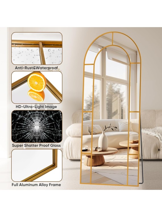 Full Length Mirror, Floor Mirror 65" x 22" Arched Window Decorative Mirror, Metal Framed Decor Farmhouse Floor Mirror Art Pane Mirror Wall Decor for Bedroom, Living Room, Entryway, Bronze