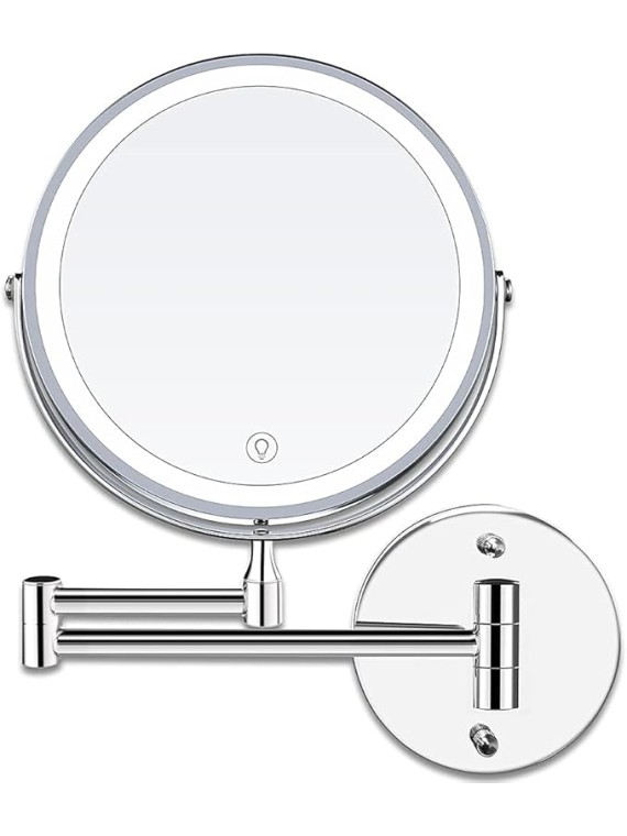 8'' Bathroom Mirror Wall Mounted LED Makeup Mirror 3 Color Mode USB Charge Touch Screen Adjustable Light Double Sided 1X/ Magnifying Shaving Mirror Extendable 360° Swivel Vanity Mirror