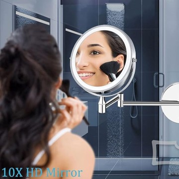 8'' Bathroom Mirror Wall Mounted LED Makeup Mirror 3 Color Mode USB Charge Touch Screen Adjustable Light Double Sided 1X/ Magnifying Shaving Mirror Extendable 360° Swivel Vanity Mirror