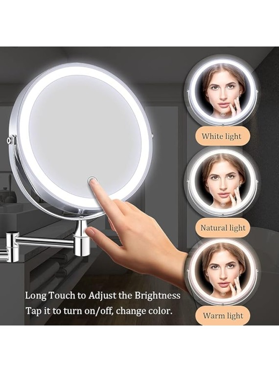 8'' Bathroom Mirror Wall Mounted LED Makeup Mirror 3 Color Mode USB Charge Touch Screen Adjustable Light Double Sided 1X/ Magnifying Shaving Mirror Extendable 360° Swivel Vanity Mirror