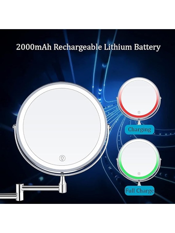 8'' Bathroom Mirror Wall Mounted LED Makeup Mirror 3 Color Mode USB Charge Touch Screen Adjustable Light Double Sided 1X/ Magnifying Shaving Mirror Extendable 360° Swivel Vanity Mirror