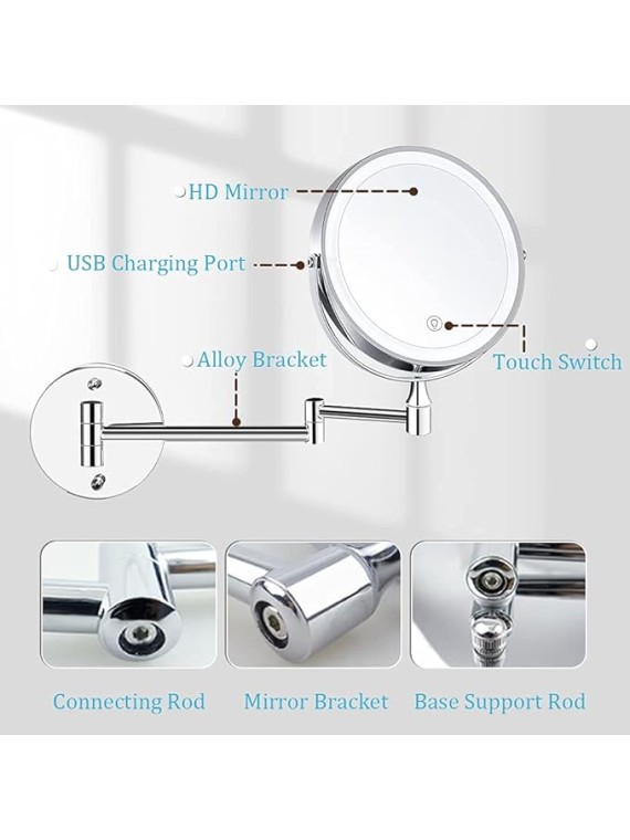 8'' Bathroom Mirror Wall Mounted LED Makeup Mirror 3 Color Mode USB Charge Touch Screen Adjustable Light Double Sided 1X/ Magnifying Shaving Mirror Extendable 360° Swivel Vanity Mirror