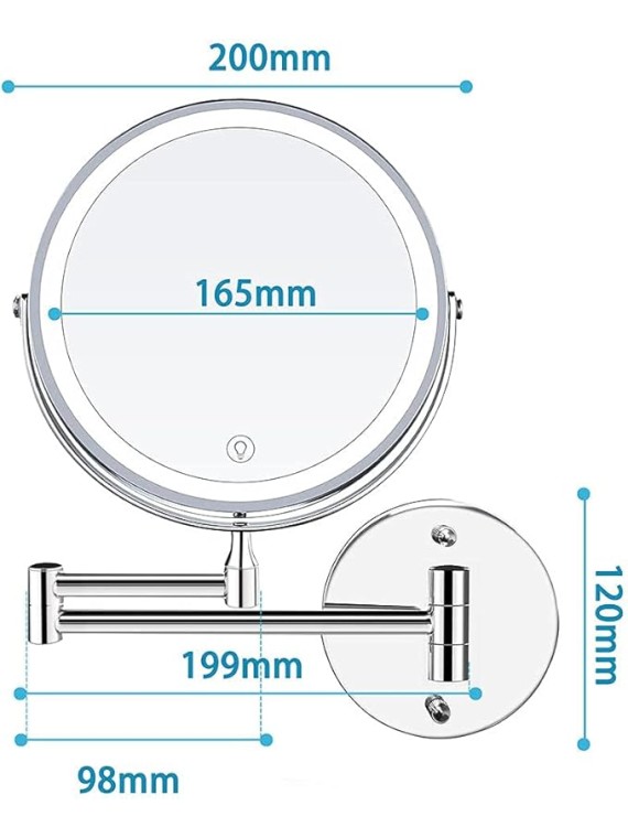 8'' Bathroom Mirror Wall Mounted LED Makeup Mirror 3 Color Mode USB Charge Touch Screen Adjustable Light Double Sided 1X/ Magnifying Shaving Mirror Extendable 360° Swivel Vanity Mirror