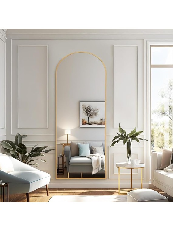 65x22 Inch Standing Mirror Full Length Large Floor Mirror with Arched Metal Frame for Wall Entryway Door Bedroom Bathroom Living Room,Gold
