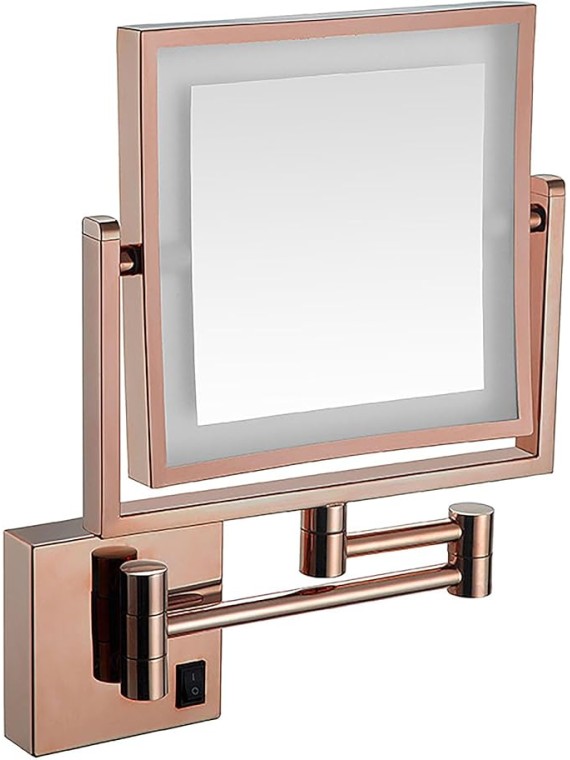 8inch Wall Mounted Makeup Mirror with LED 3X Magnifying, Square Double Sided Wall Mounted Bathroom Mirrors, 360°Swivel Lighted Cosmetic Mirror, Shaving Light up Mirror, Hardwired (Rose Gold)